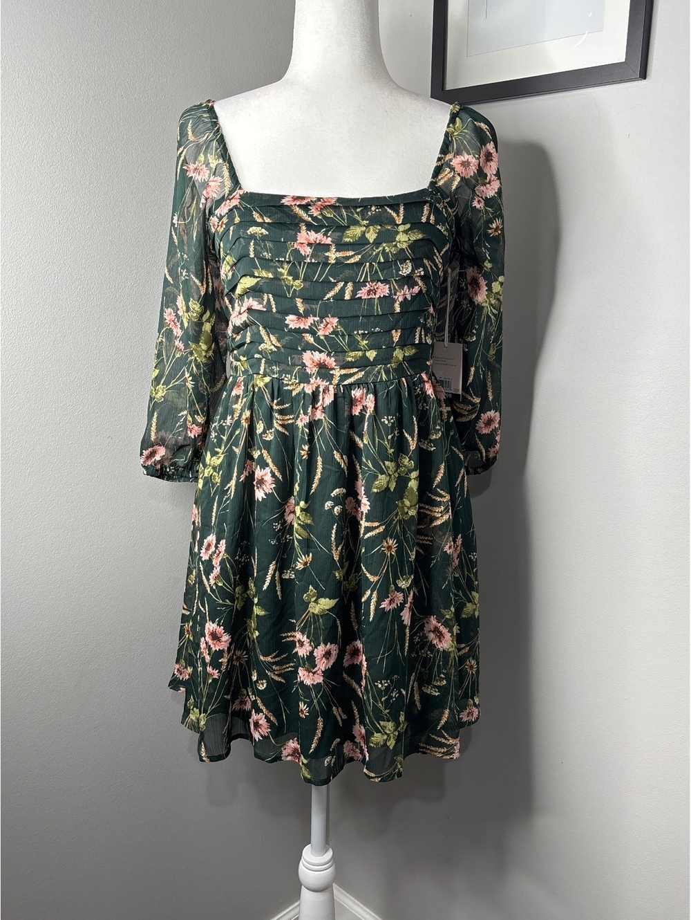 Lauren Conrad Floral Green Square Neck Dress Size Small